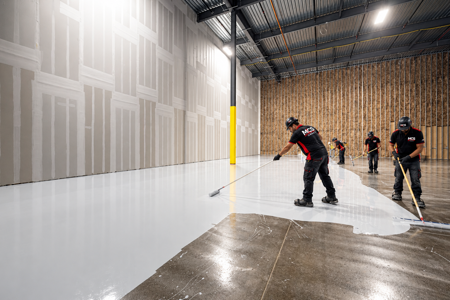 Construction workers apply white floor coating in industrial building.